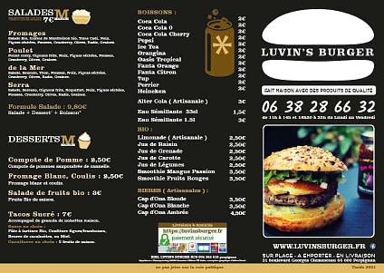 Menu Recto Luvin's Burger 2021 à imprimer/ PDF ou JPG